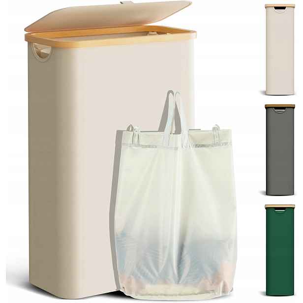 Bambusový Koš Na Prádlo 48 L Úzký S Víkem, Skládací, Béžový, 60 CM
