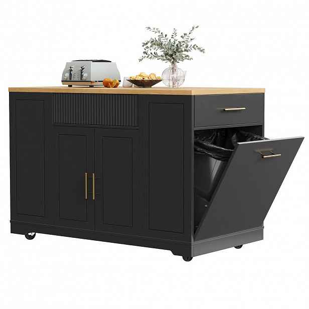 Redom KUCHYŇSKÝ ostrůvek 120/50/92 cm s úložným prostorem, 2 dvířky, 3 zásuvkami a integrovaným prostorem na odpad, Černá