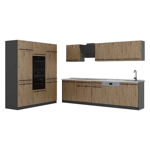 Vicco KUCHYŇSKÝ KOUT R-Line, Řemeslný dub/Antracit, 180 cm pracovná doska Mramor