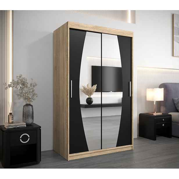Šatní skříň se zrcadly DARINA - šířka 120 cm, dub sonoma / černá