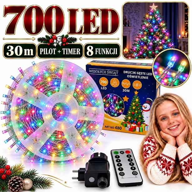 Vánoční Osvětlení Na Stromeček 700 Led 30 M Multicolor Na Drátku Pilot Časovač 8 Funkcí