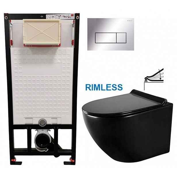 DEANTE Podomítkový rám, pro závěsné WC mísy + SLIM tlačítko chrom + WC MEXEN LENA ČERNÁ Rimless + SEDÁTKO CST_WC01 051P ME01