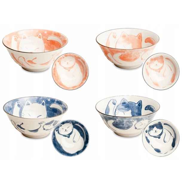 Sada 4 japonských misek růžová a modrá Neko Nishiki 14,5 cm x 6,5 cm Emro