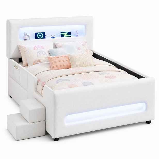 CHICFURN ČALOUNĚNÁ POSTEL 90/200 cm v bílé barvě se zásuvkou a LED osvětlením