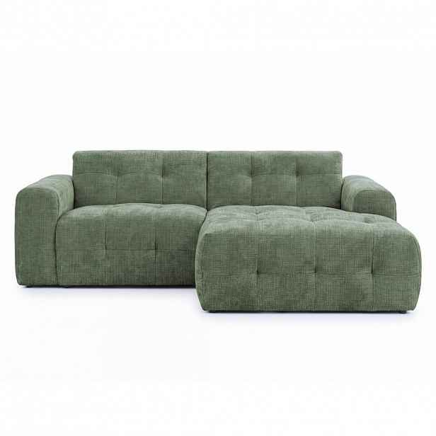 luma-home ROHOVÁ POHOVKA s otomanem vpravo, rafinovaným prošíváním, vlnovým pružinovým jádrem, Š234/H161/V79 cm, čalounění ze ženilky v zelené barvě /
