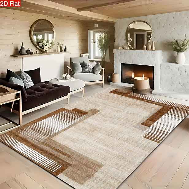 TEMU Sametový koberec s 2D plochým vzorem, světle béžovo-hnědá kontrastní barva, 850 gramů na metr čtvereční, ideální pro minimalistickou ložnici v