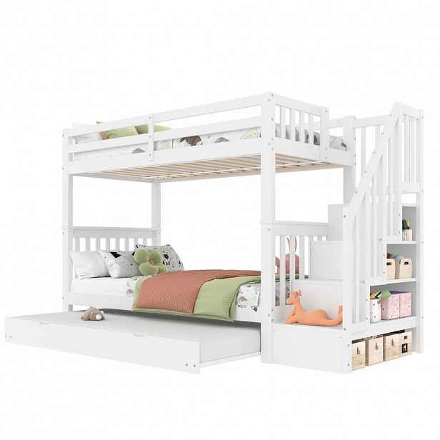 Modfu PATROVÁ postel z borovice a MDF 90 x 200 cm bílá s výsuvným lůžkem, schodovým regálem a vysokým zábradlím