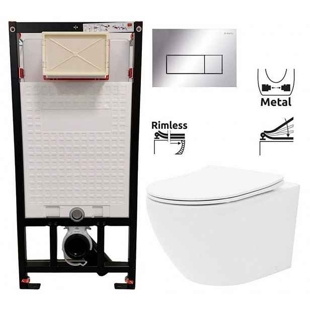 DEANTE Podomítkový rám, pro závěsné WC mísy + SLIM tlačítko chrom + WC REA Carlo Flat Mini Rimless + SEDÁTKO CST_WC01 051P CF1