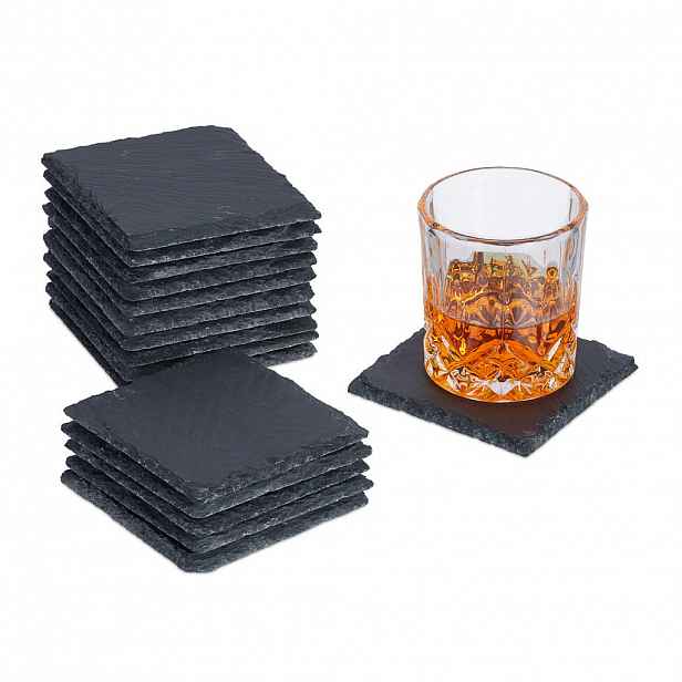 Relaxdays PODTÁCKY Antracit 16-ks-sada břidlice 10x10 cm