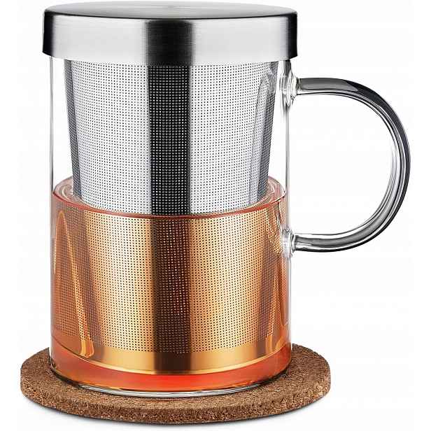 Skleněný Šálek Na Čaj 400 ML S Víčkem A Podstavcem A Zátkou
