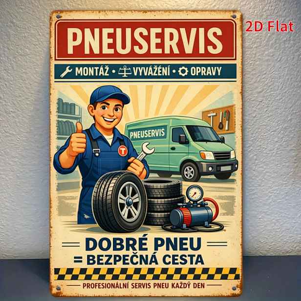 TEMU 2D plochý, [2Dfalt] 1 ks 30 cm x 20 cm - Garážová cedule, Pneuservis v českém jazyce, Nástěnné umění pro servis pneumatik, Ideální pro dílnu a