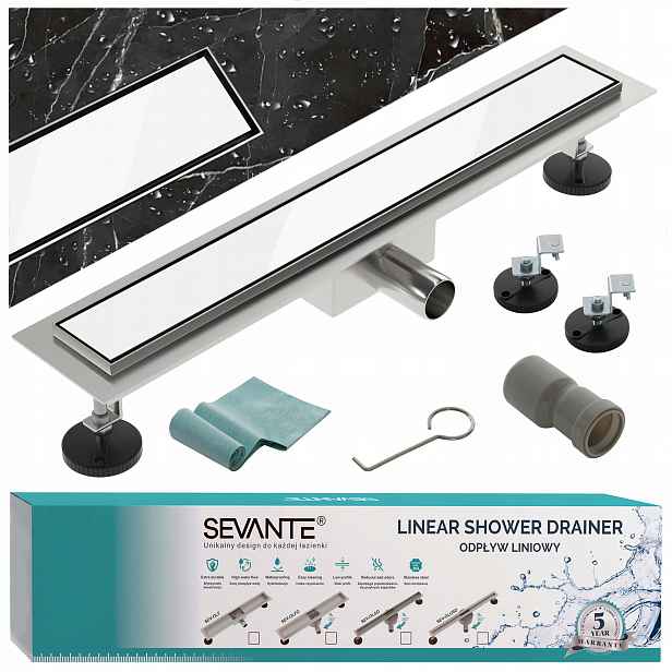 Lineární odtok s maskovacím otvorem 90 cm Flat, bílé sklo, nerezová ocel Sevante