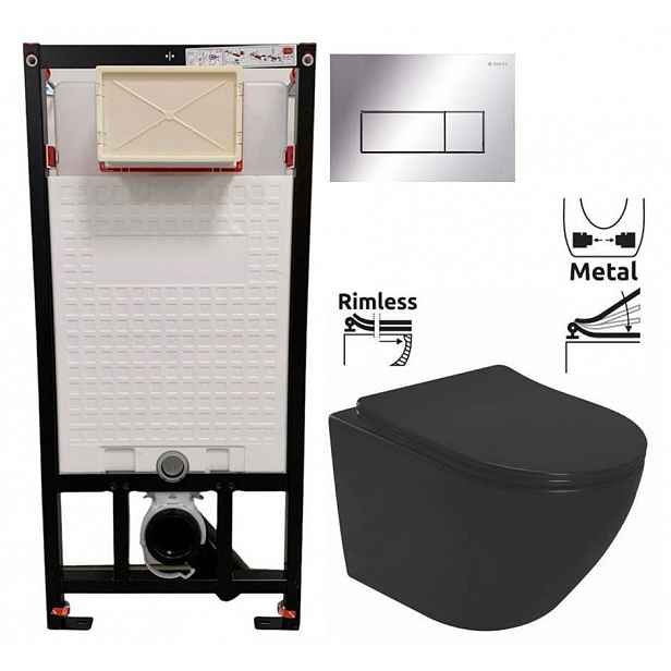 DEANTE Podomítkový rám, pro závěsné WC mísy + SLIM tlačítko chrom + WC REA CARLO MINI RIMLESS ČERNÝ MAT + SEDÁTKO CST_WC01 051P MM1