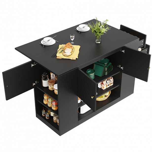 Redom KUCHYŇSKÝ ostrůvek 140/40/90 cm se sklápěcí deskou, úložným prostorem a kovovými úchyty z MDF, Černá