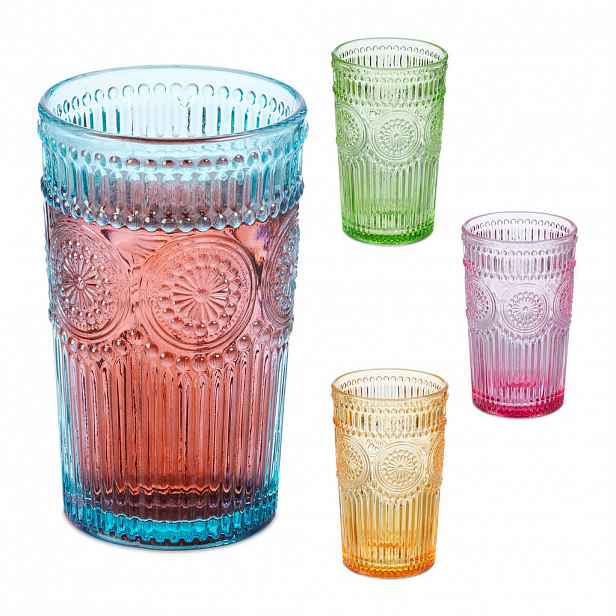 Relaxdays SKLENICE Čiré 4-kusová sada sklo vintage vzor 360 ml