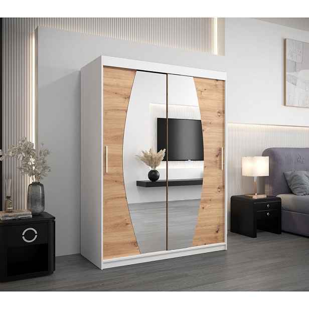 Šatní skříň se zrcadly NIKOLA - šířka 150 cm, bílá / dub artisan