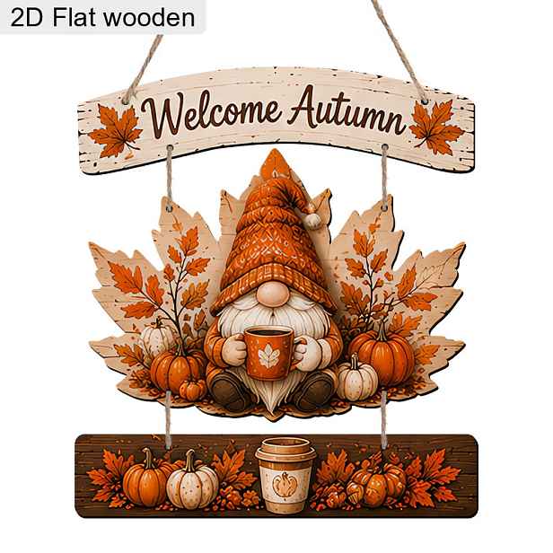 TEMU 2D ploché - Tři 2D ploché dřevěné závěsné ozdoby. Horní dřevěná plaketa je potištěna nápisem "Welcome Autumn" a javorovými . Uprostřed je