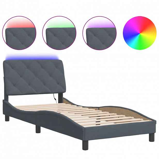 vidaXL Rám postele s LED bez matrace tmavě šedý 90 x 190 cm samet