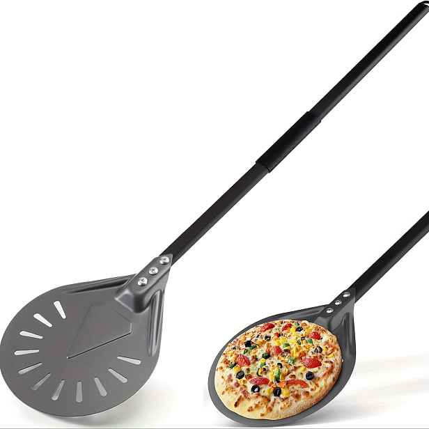 TEMU Otočná lopatka na pizzu, 8palcová kulatá hliníková kovová neklouzavá perforovaná lopatka na pizzu s odnímatelnou kovovou rukojetí o délce 31,5