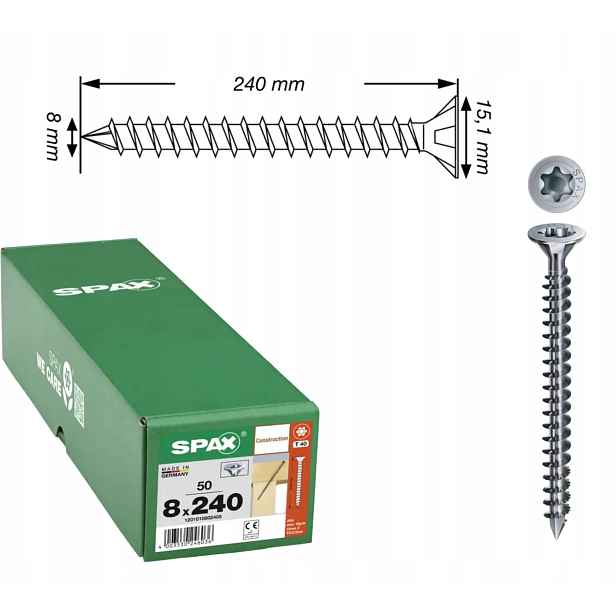 Univerzální šroub Wirox Tx 8 x 240 mm s plným závitem 50 ks