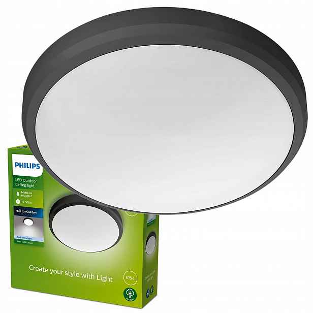 Zahradní Svítidlo Stropní Svítidlo Led 6W 600lm 4000K IP54 Vodotěsné Černé Philips