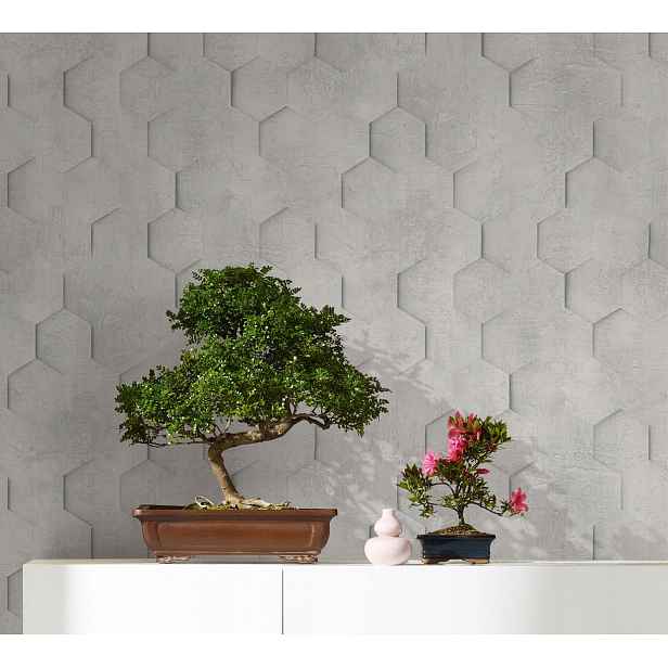 Šedá hexagonová tapeta s 3D vzorem na vinylovém betonu
