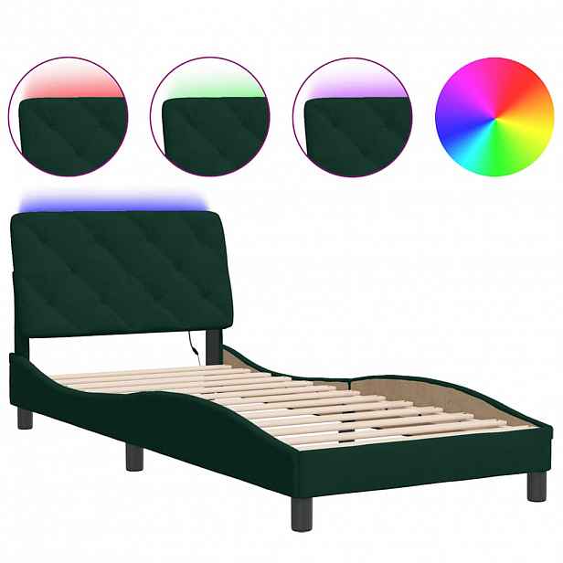 vidaXL Rám postele s LED bez matrace tmavě zelený 90 x 190 cm samet