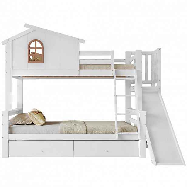 CHICFURN PATROVÁ POSTEL 90/200 cm & 120/200 cm v bílé barvě se skluzavkou a 2 zásuvkami