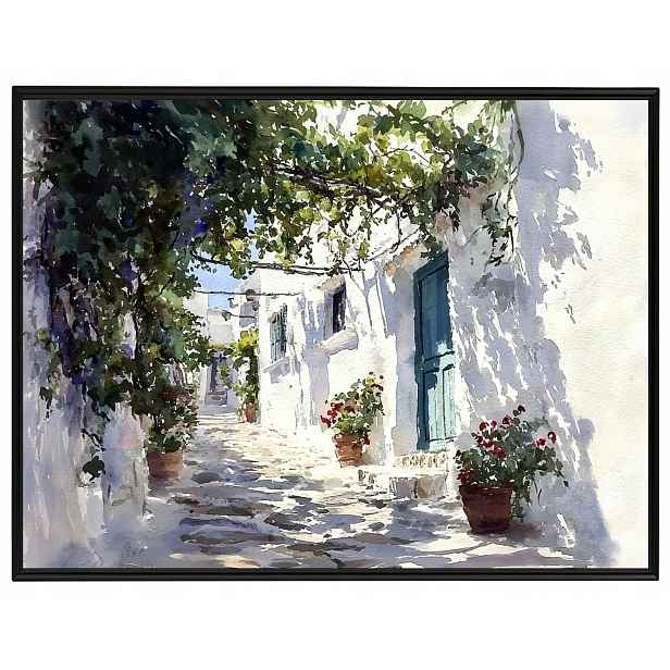 Plakát Rámeček Hliníkový Řecko Bílé Domky Květy Pergola Santorini 80x60