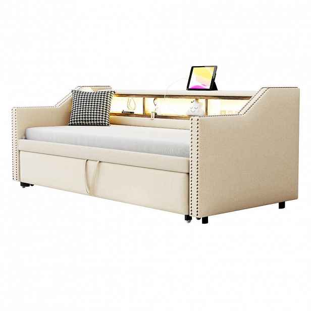 CHICFURN ROZKLÁDACÍ POHOVKA 90/190 cm & 180/190 cm v béžové barvě s LED a USB