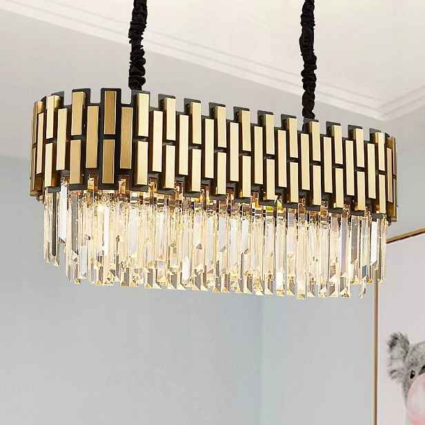 Lustr Křišťálová Lampa stropní dlouhá zlatá závěsná glamour nad stůl