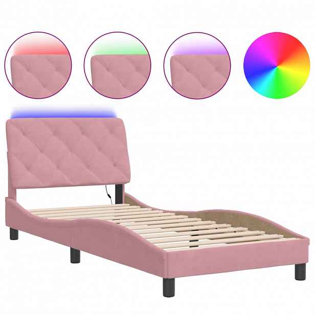 vidaXL Rám postele s LED bez matrace růžový 90 x 190 cm samet