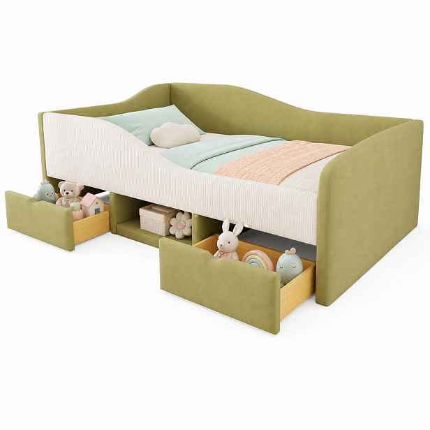 CHICFURN DĚTSKÁ POSTEL 90/190 cm v tmavě zelené a krémově bílé barvě se 2 zásuvkami