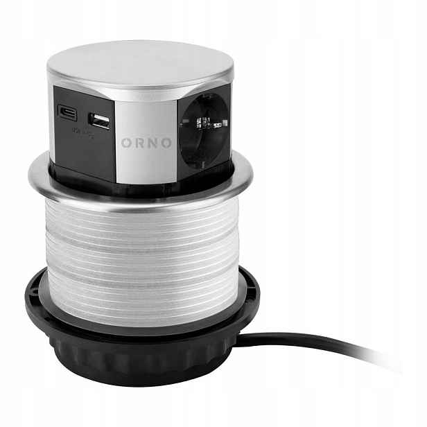 Nábytková zásuvka Ø10 cm 1,5 m, 3x2P+Z (Schuko), 2xUSB, stříbrná