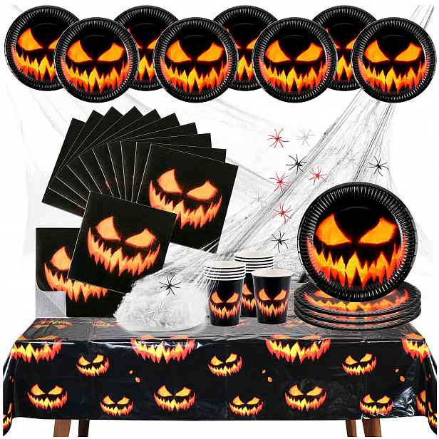 Sada Halloween 38 Dílů Talířků Ubrousky Ubrus Pavučina Dýně