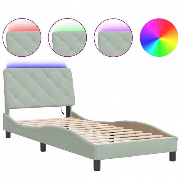 vidaXL Rám postele s LED bez matrace světle šedý 90 x 200 cm samet