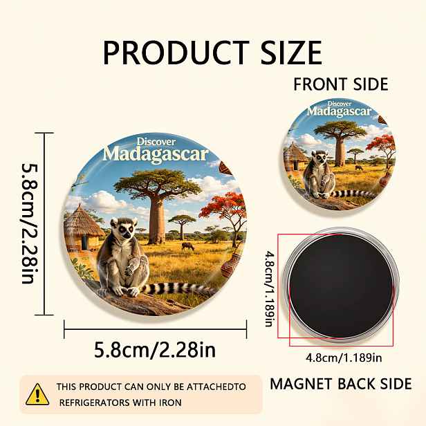 TEMU 1 ks 2D plochý magnet na ledničku s MADAGASKARU - OSTROV ČUDĚN, odolný kulatý magnet, vhodný pro připevnění na ledničky, tabule, ruční práce,