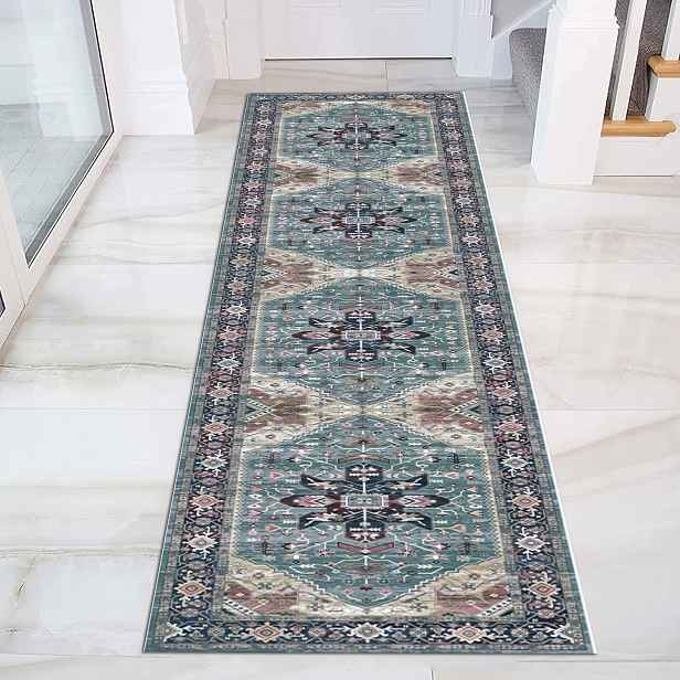 TEMU Elegantní dlouhý běhoun - Moderní geometrický modré, béžové a hnědé barvě, ideální pro dekoraci chodeb, schodišť a hotelových uliček, skvělá