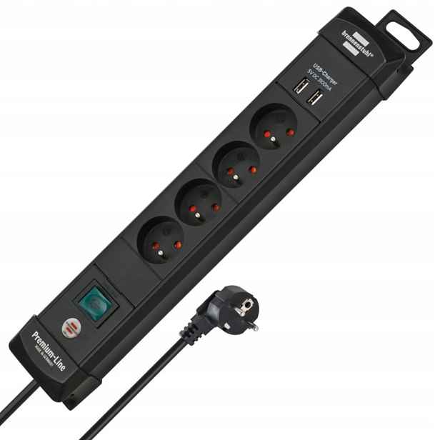 Zásuvková lišta Brennenstuhl Premium-Line 4 zásuvky 2xUSB 1.8 m černá IP2