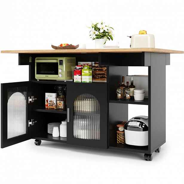 Redom KUCHYŇSKÝ ostrůvek 120/30/79,5 cm s rozkládací boční deskou, úložným prostorem a kolečky, Černá