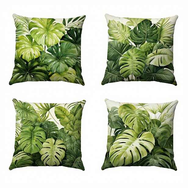 TEMU 4ks Dekorativní Polštářové Povlaky s Tropickým Listovým Potiskem, Čtvercové Pouzdra na Sedací Polštáře 18x18 Palců, 100% Polyester, Zapínání na