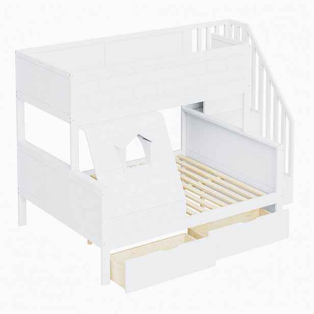 CHICFURN PATROVÁ POSTEL 90/200 cm & 140/200 cm v bílé barvě se schody, zásuvkami a oknem