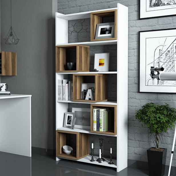Knihovna Box - White, Walnut