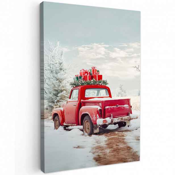 MuchoWow OBRAZ NA PLÁTNĚ Auto - Červená - Dárky - Zima - Sníh - Vánoce 40x60 cm