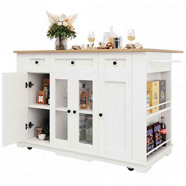 Redom KUCHYŇSKÝ ostrůvek 151,5/85/91,7 cm s výklopnou deskou, nastavitelnou příčkou, úložným prostorem a tvrzeným sklem, Bílá a přírodní