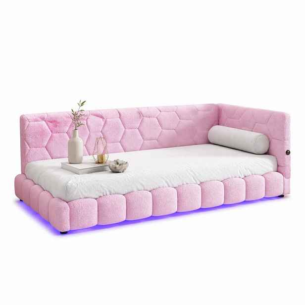 CHICFURN DENNÍ POSTEL 90/200 cm v růžové barvě s LED osvětlením, USB a Type-C