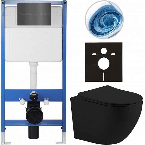 Kompletní WC set Profi/Cesso - černá matná - WC tlačítko Line/Tmavě šedá - předstěnová instalace - 49x36 cm - 8050BD84385