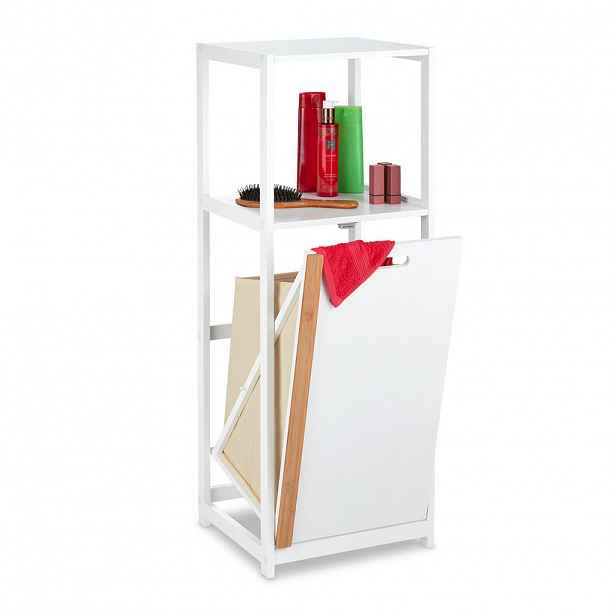 Relaxdays KOUPELNOVÝ REGÁL Bílá přírodní MDF bambus s košem na prádlo 98 cm