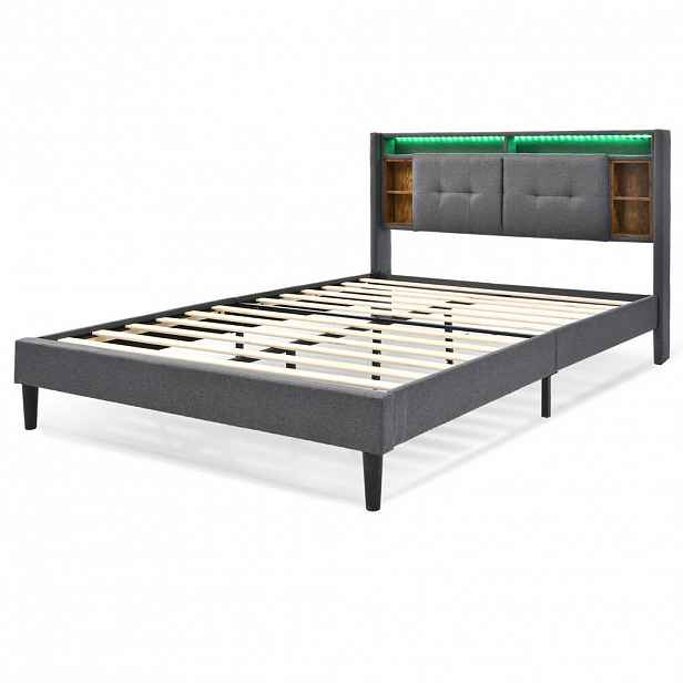 STILVORA ČALOUNĚNÁ POSTEL 140/200 cm šedá s úložným čelem, LED, USB a zásuvkami