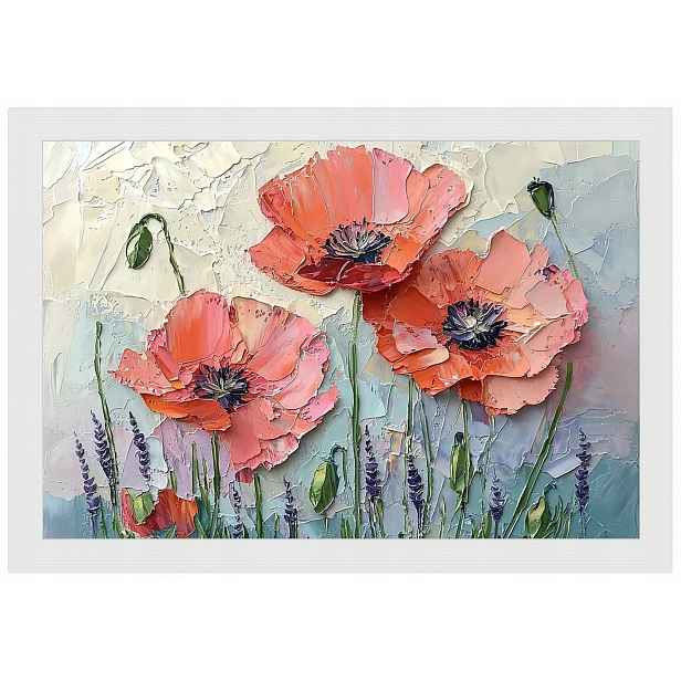 Plakát Rámeček Dřevo Příroda Květy Červené Máky Olej Impasto 60x40